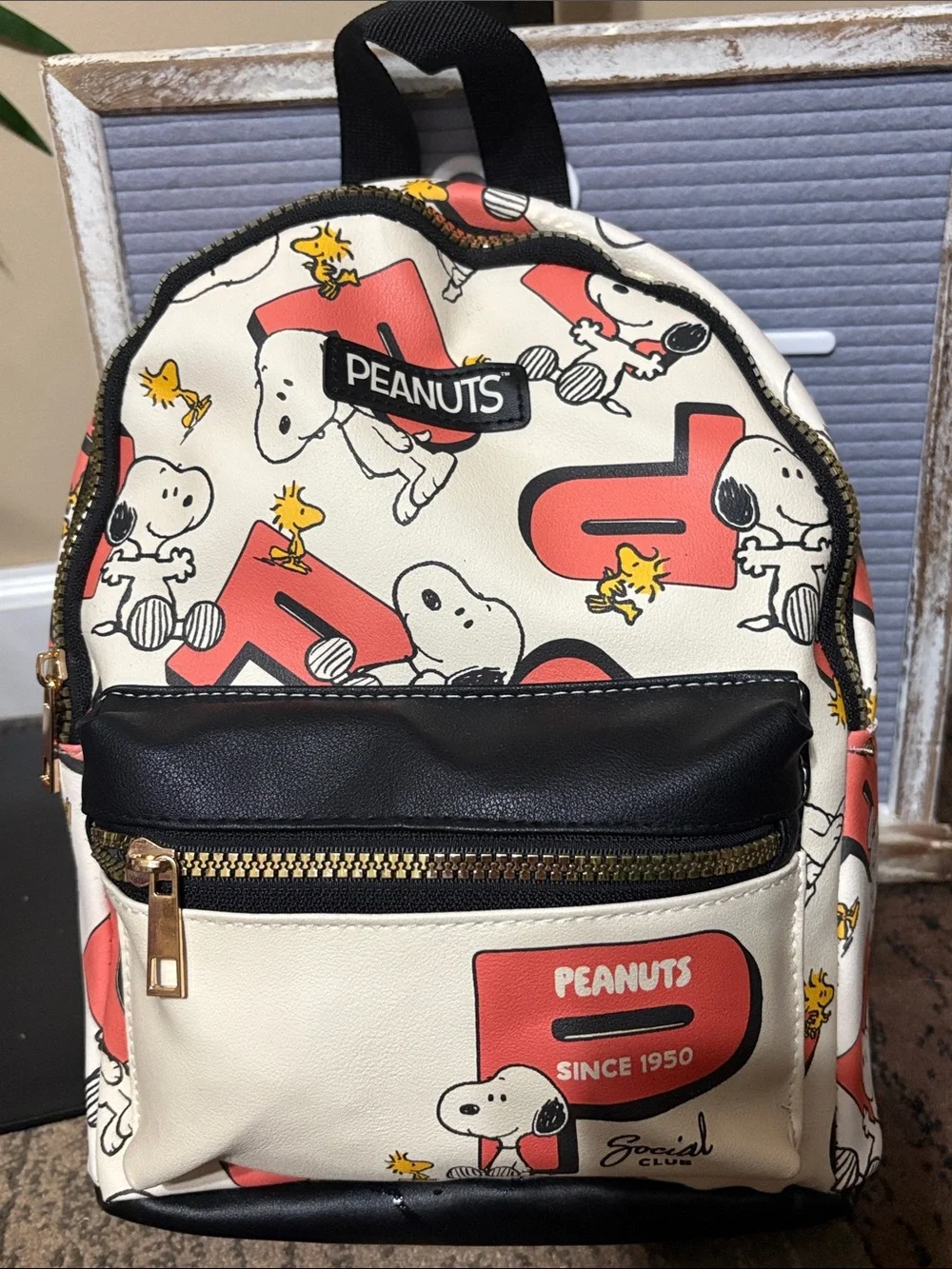 NWT Peanuts Mini Backpack in Cream, Coral and Black - Snoopy Print